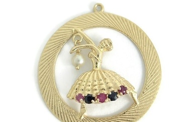 Vintage 1950's Pearl Ruby Sapphire Dancing Lady Charm 14K Yellow Gold, 8.22 Gr