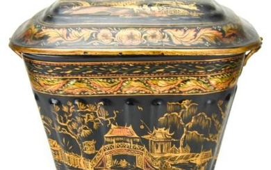 Vintage Hand Painted Tole Chinoiserie Coal Scuttle