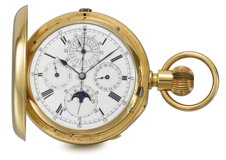 W. G. Schoof. An extremely fine, rare and large 18K gold hunter case two-train trip-minute repeating Grande and Petite Sonnerie keyless lever chronograph clockwatch with perpetual calendar, moon phases and lunar calendar, SIGNED W. G. SHOOF, 99 ST...