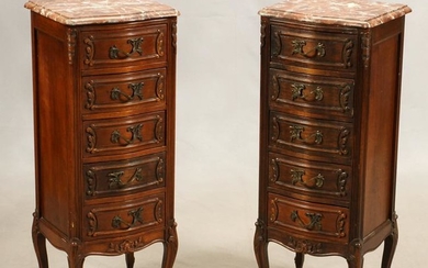WALNUT MARBLE TOP FRENCH STYLE COMMODES PAIR