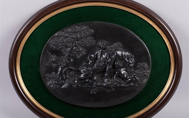 WEDGWOOD BLACK BASALT OVAL PLAQUE OF BACCHANALIAN BOYS WITH A PANTHER AND A SMALLER BLACK BASALT OVAL MEDALLION