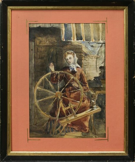 Watercolor, Woman Spinning Wheel