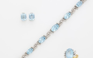 White Gold, Aquamarine and Diamond Bracelet, Ring and Pair of Earclips