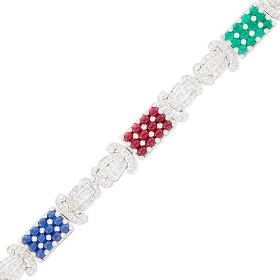 White Gold, Cabochon Ruby, Emerald, Sapphire and