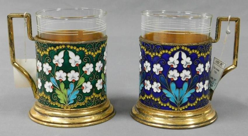 2 tea glass holders with floral enamel decor. Russian