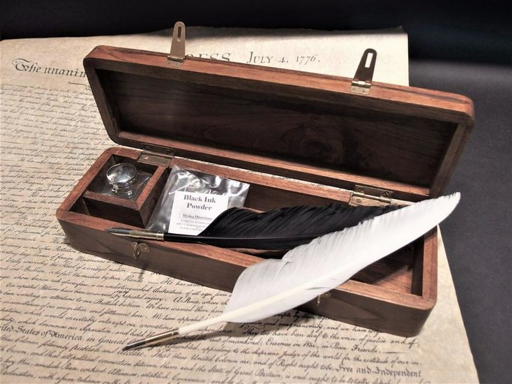 Wood Writing Box Desk Set w Inkwell 2 Feather Dip Pen