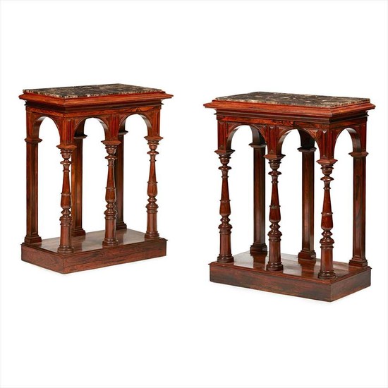 Y FINE PAIR OF REGENCY ROSEWOOD MARBLE TOP CONSOLE TABLES EARLY 19TH CENTURY