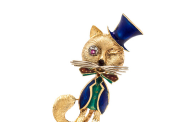 YELLOW GOLD AND ENAMEL CAT BROOCH