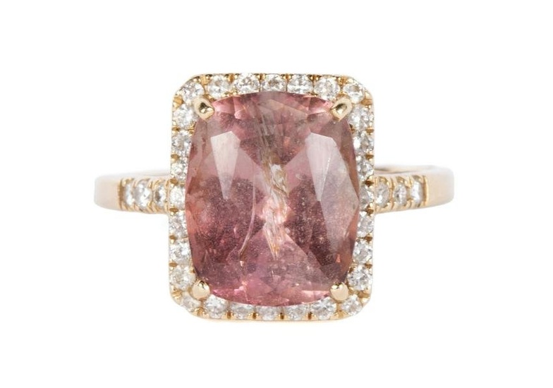 YELLOW GOLD PINK TOURMALINE AND DIAMOND COCKTAIL RING