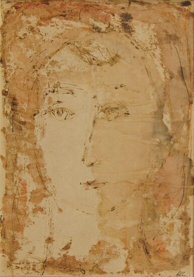 Yehuda Bacon, Israeli b.1929- Portrait of a woman; monotype and pen on paper, signed lower right, 32 x 22.5 cm
