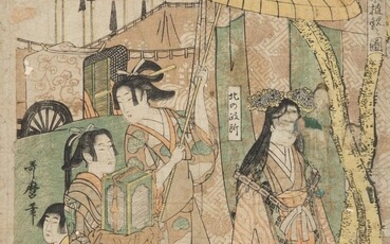 ƒUTAMARO (1753-1806) Partie gauche du triptyque, représentant le Taikô et ses cinq femmes en excursion à l'est de Kyoto, "Taikô G...