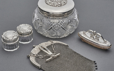 (lot of 5) Art Nouveau plate mounted purse, dresser jars and nail buff