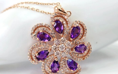 *no reserve* 1.30 ct Purple Amethyst & 1.00 ct N.Fancy Pink Diamond Pendant Necklace - 3.72 gr - 14 kt. Pink gold - Necklace with pendant - 1.30 ct Amethyst - Diamond