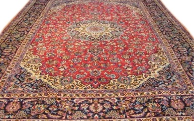 10 x 13 Red Handmade Wool And Silk Pile Persian Isfahan Style Rug