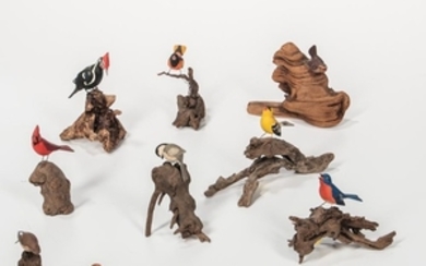 Nine Miniature Carved and Painted Bird Figures