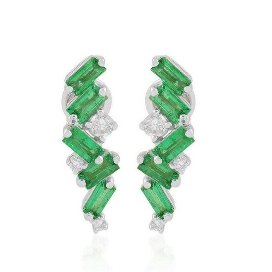 1.18 TCW Emerald Stud Earrings Diamond 18k White Gold