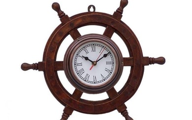 12" Premium Wooden Ship Steering Wheel Clock with Antique Copper Finish