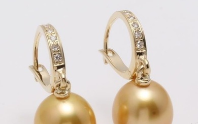 14 kt. Yellow Gold - 9x10mm Golden South Sea Pearl Drops - Earrings - 0.09 ct