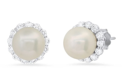 14K White Gold Setting with White 9mm South Sea Pearls and 0.76ct Diamond Earrings