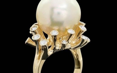 14K Yellow Gold 16mm South Sea Pearl and 0.72ct Diamond Ring
