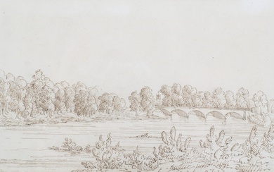 17th century, English School, brown pen ink drawing of a five arch bridge over a river.
