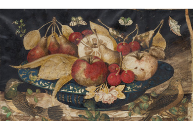 17th-century master "Composition with fruits, leaves and birds" tempera and collage on paper (cm 24x35) framed