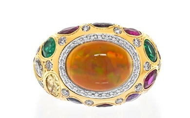 18K Yellow Gold Cabochon Fire Opal, Gemstone And Diamond Bombe Cocktail Ring