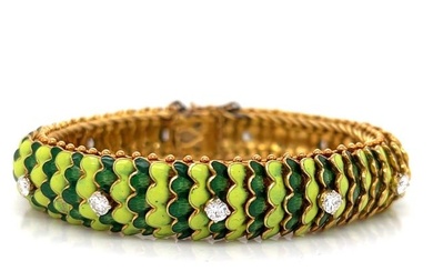 18K Yellow Gold Green Enamel and Diamond Bracelet