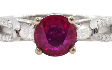 18ct white gold three stone round cut ruby and pear cut diamond ring