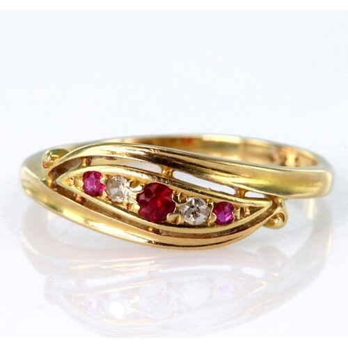 18ct yellow gold ruby and diamond graduated five stone ring,...