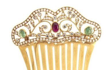 18kt yellow gold, diamond, ruby and emerald comb