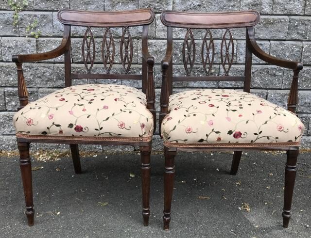 19th C French Empire Silk Upholstered Arm Chairs