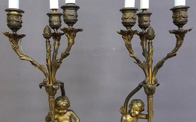 19th Century Bronze & Marble Cupid Candleholders - good condition. pair of candleholders now