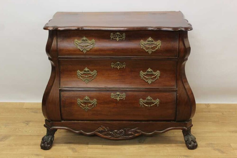 19th century Dutch mahogany bombe commode chest, the shaped top above three long graduated drawers with brass handles and escutcheons, on carved claw and ball feet, 110cm at the widest point x 60cm...