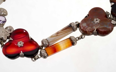 19th century Scottish hardstone, agate and gem set silver necklace, 41cm long