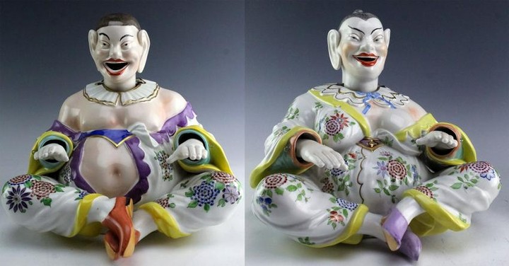 2 Dresden Porcelain Chinese Laughing Buddha Nodder