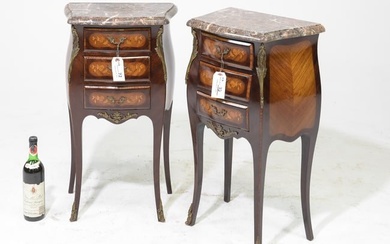2 Louis XV Style Marble Top Inlaid Three Drawer Chests