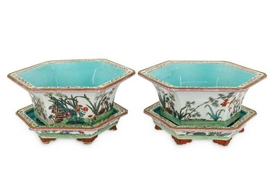 (2 Pc) Famille Rose Jardiniere With Underplates