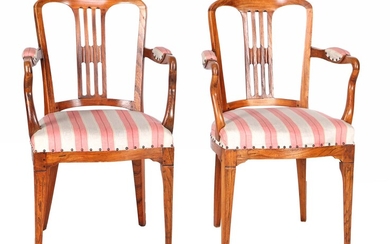 (-), 2 elm armchairs with striped upholstery, 19th...
