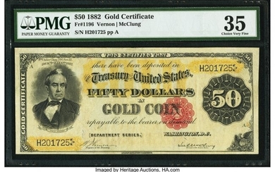 20072: Fr. 1196 $50 1882 Gold Certificate PMG Choice Ve