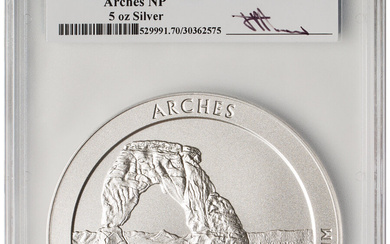2014-P 25C Five-Ounce Silver, Arches National Park, First Strike, Mercanti Signature, SP