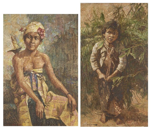 20th century Indonesian School, two oils on board, portrait studies; a seated woman 78x53cm, and a child, 87x48cm, framed (2)