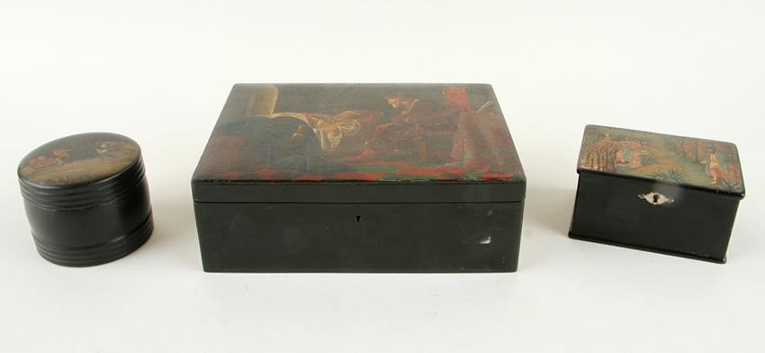 3 RUSSIAN LACQUER BOXES HAND PAINTED SCENES C1900