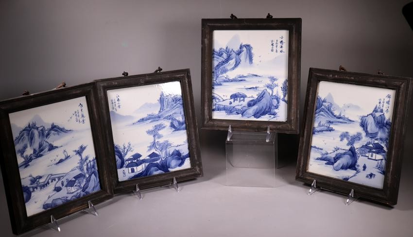 4 Chinese Blue & White Porcelain Landscape Plaques