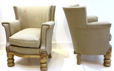 A pair of tub frame upholstered armchairs, with...