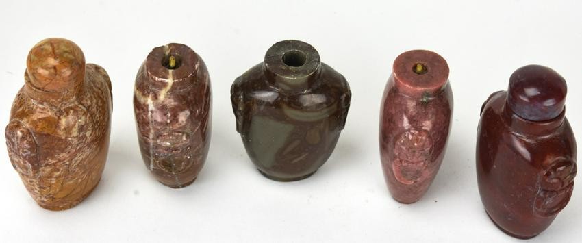 5 Chinese Hardstone Hand Carved Snuff Bottles