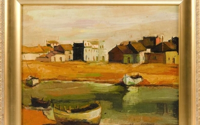 GEORGE KENNEDY BRANDRIFF, California/New Jersey, 1890-1936, Boats moored in an inlet., Oil on masonite, 20" x 24". Framed 26" x 30".