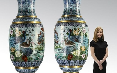 (2) Monumental Chinese cloisonne peacock vases