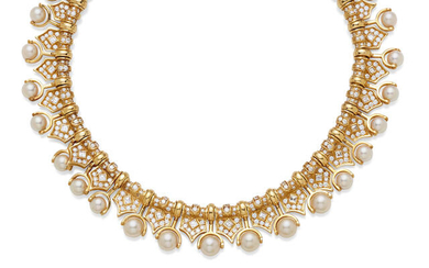 A cultured pearl, diamond and 18k gold collar necklace