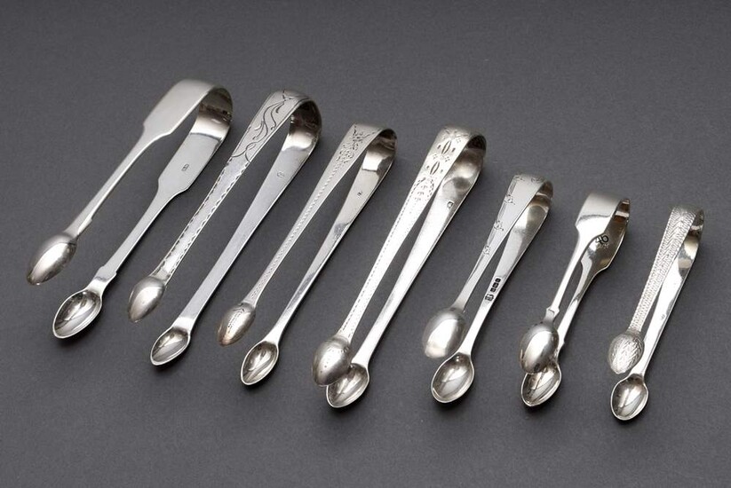 7 Various English sugar tongs in plain façon, partly with floral bright-cut engravings, 5x engraved, a.o. London/Chester/Sheffield 19th century, silver 925, 211g, l. 9,5-14,5cm, slight pressure marks and signs of usage
